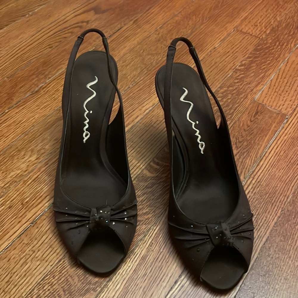 Nina dark brown satin open toe, sling back heels